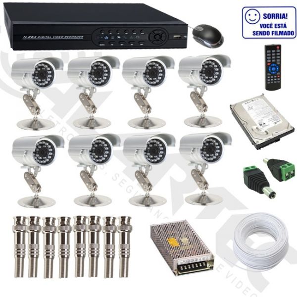 Kit Cftv 8 cameras Infra V Dvr H.264 240fps com HD Completo