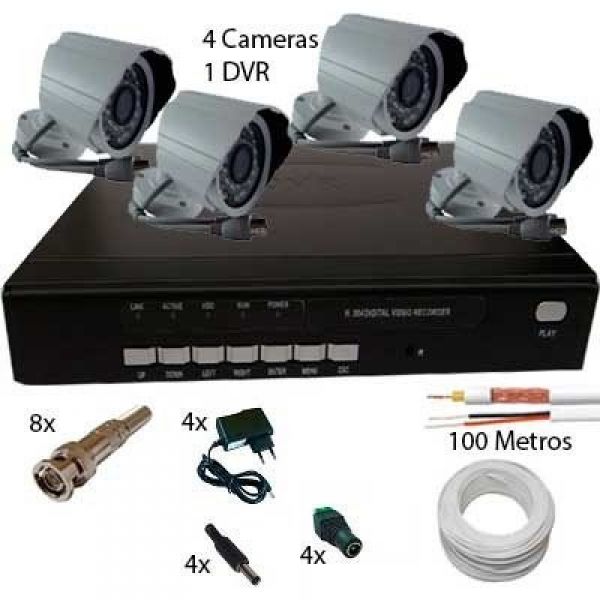 Kit Dvr 4ch+ 4 Cameras Infra Ccd Digital Colorida 600L+ 4 Fo